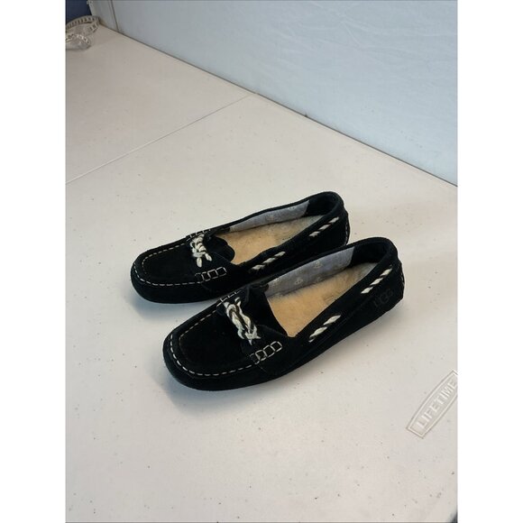 UGG Genoa Moccasin Shoes Women's 6 Black Suede Shearling Driving Loafer Slippers - Picture 2 of 10
